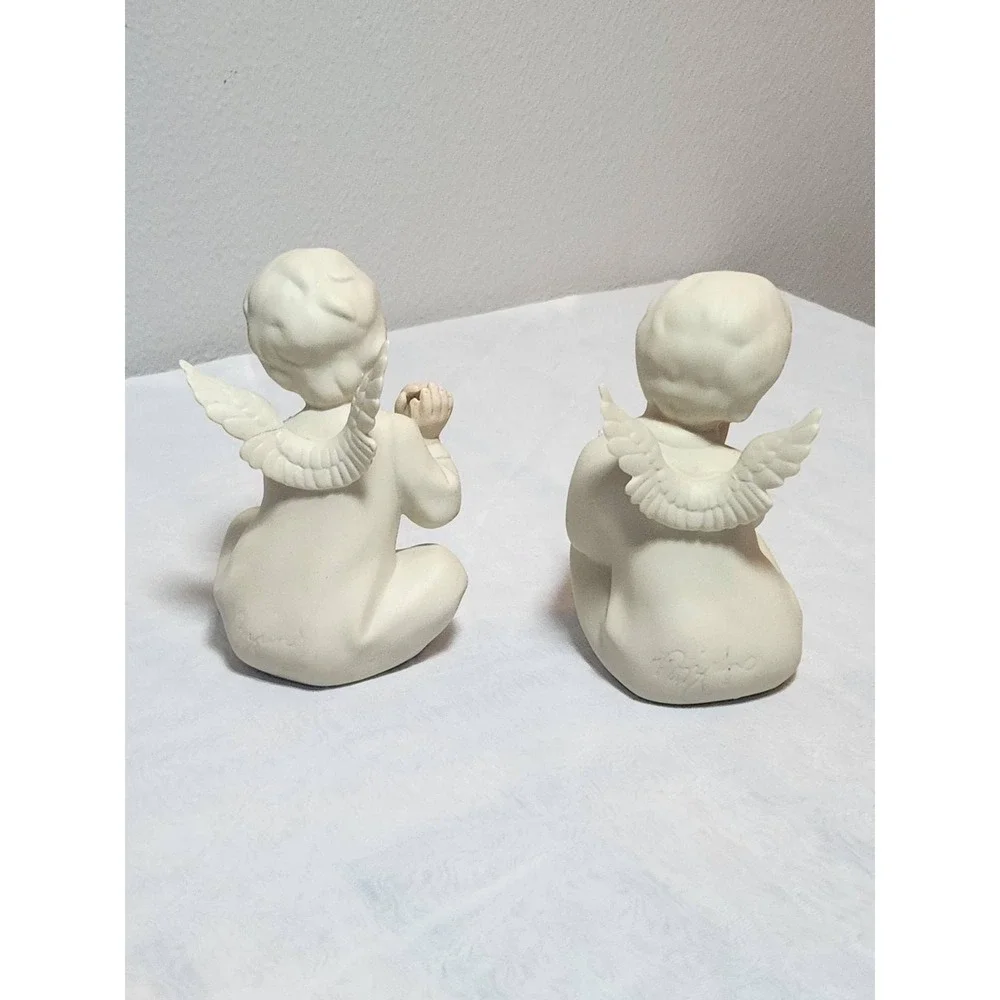 Vintage Bisque Porcelain Angel Cherub Figurines Set of 2 Cream Prayer Rose 4.5